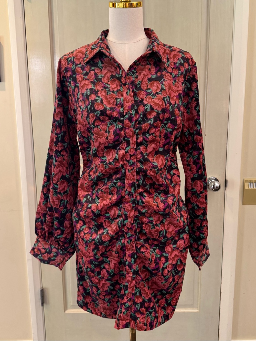 Fate Ruched Floral Button-Down Corduroy Dress/Tunic, size L